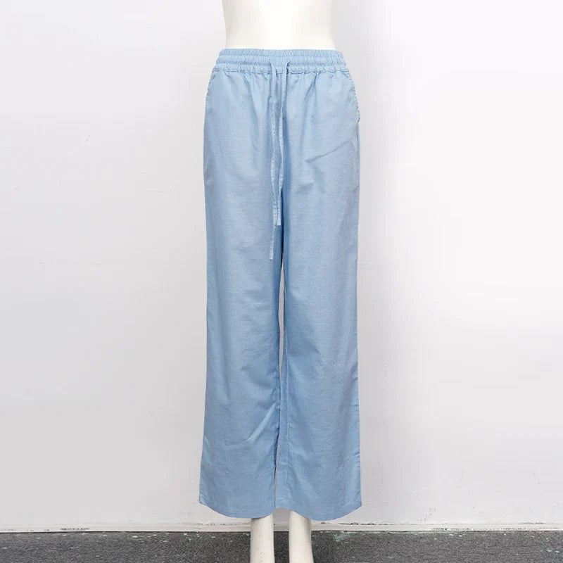 Women’s cotton linen wide-leg drawstring trousers by Christine Brewer, loose pull-on pants with relaxed fit and comfortable style.