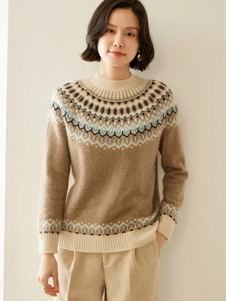 Christine Brewer Jolene cashmere mock neck sweater for women, soft beige knit with a fitted silhouette and cozy high neckline.