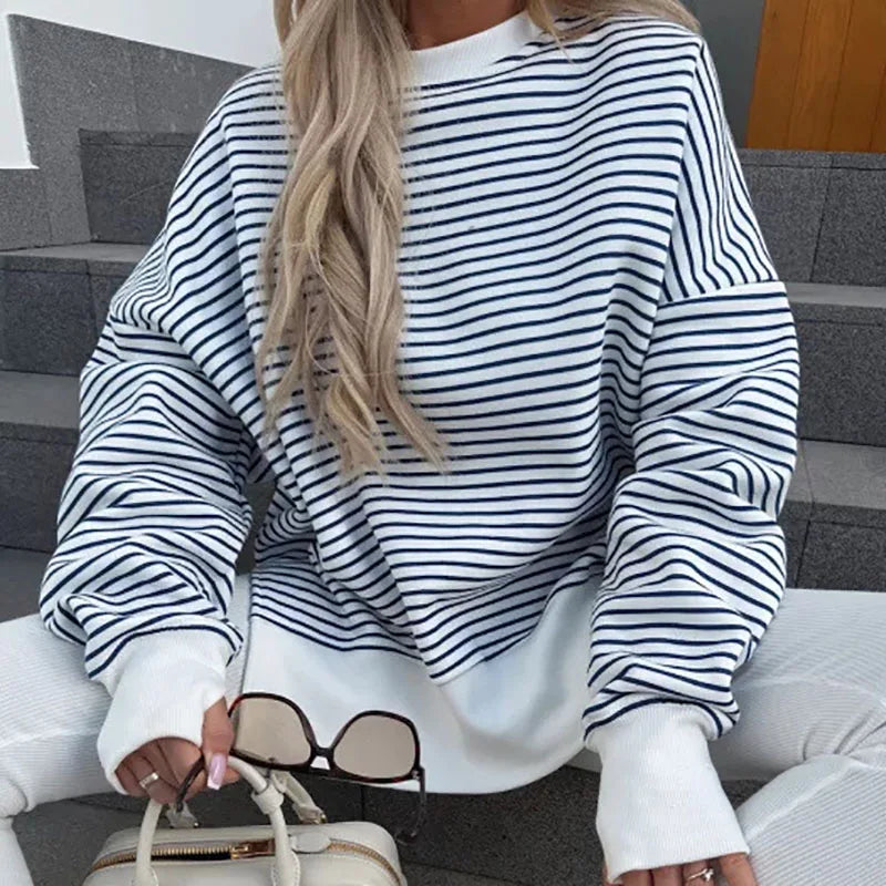 Christine Brewer Haven striped women's sweatshirt with a fitted design, featuring bold horizontal stripes and long sleeves.