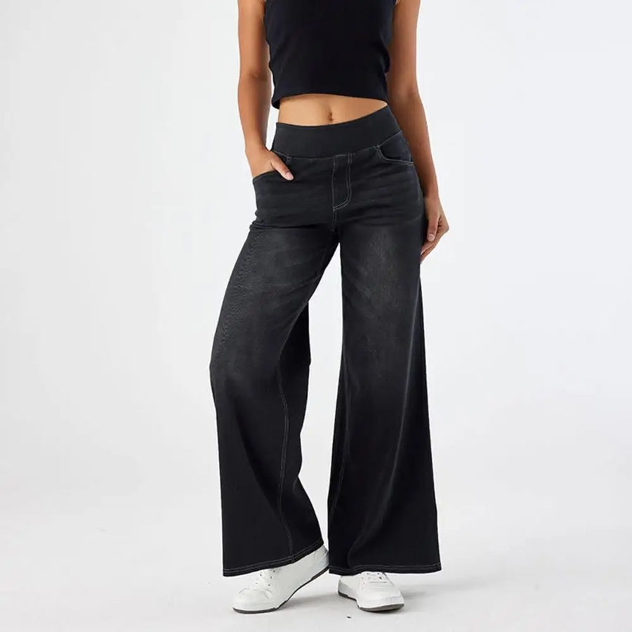 Women’s lace wide-leg high waist trousers by Christine Brewer, pull-on style, featuring elegant fabric and relaxed fit.