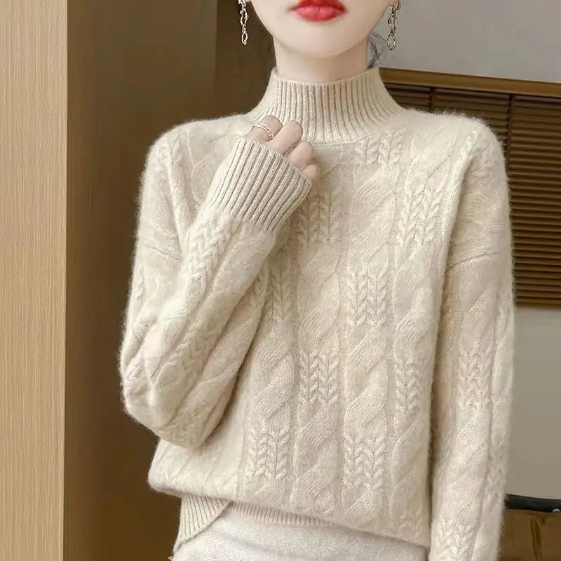 Christine Brewer Janet cashmere cable knit sweater for women, featuring cozy, textured fabric and classic design in neutral tones.