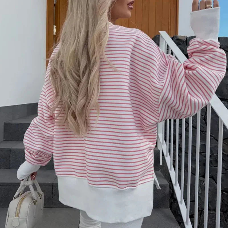 Christine Brewer Haven striped women's sweatshirt with blue and white horizontal stripes, cozy and casual fit, soft fabric.