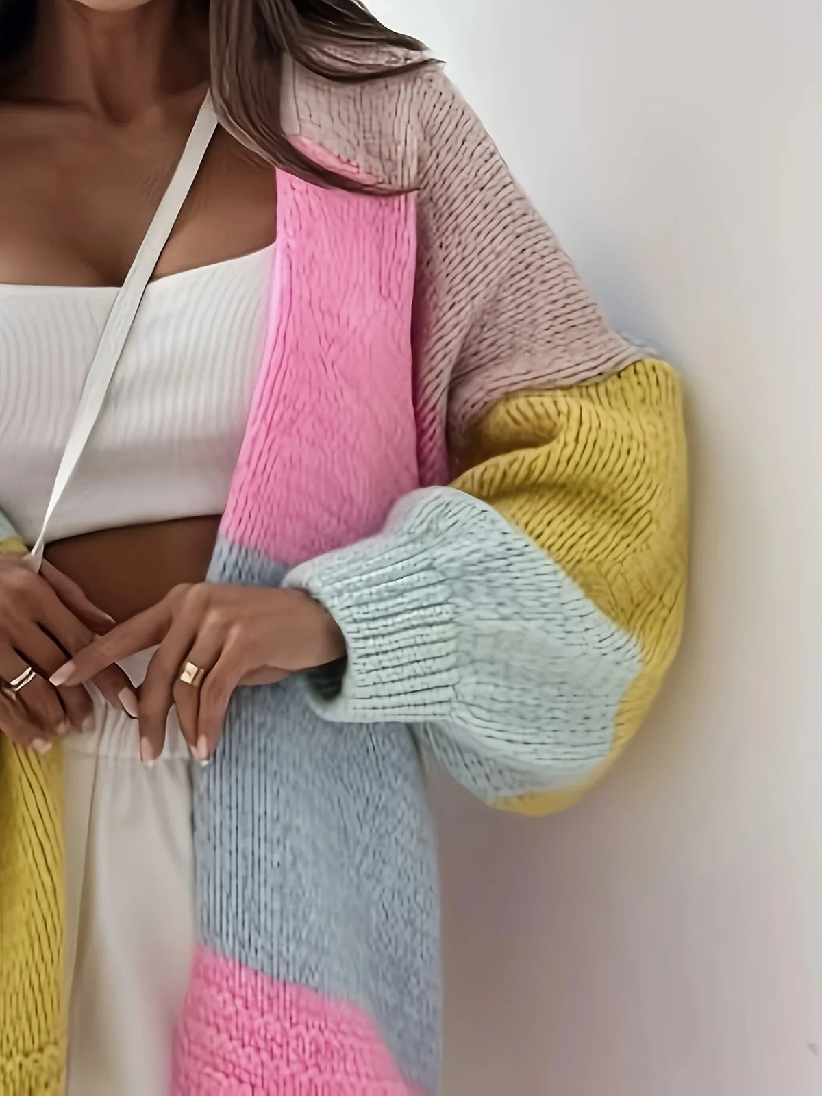 Nola | Knit Cardigan Sweater Color Block Patchwork Oversized Button Front V-Neck Women Winter Long