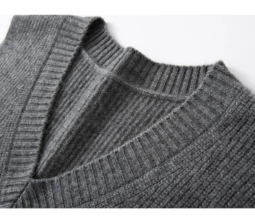 Cashmere ribbed knit sweater vest for women by Christine Brewer, featuring a stylish and cozy design in soft, luxurious fabric.
