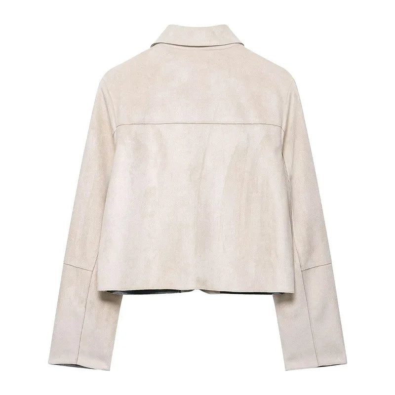 Hazel faux suede cropped jacket for women by Christine Brewer, shown in beige with long sleeves and collar detail.