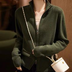 Women’s wool zip-up cardigan by Christine Brewer, featuring a classic jean-inspired design and a cozy, stylish fit.