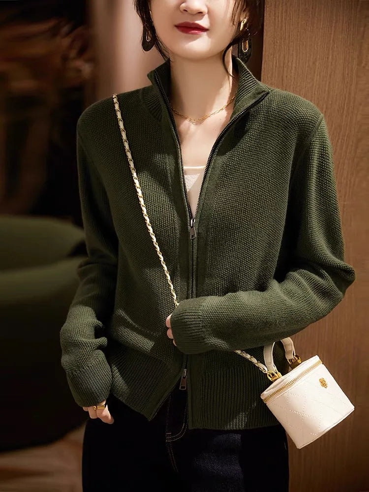 Women’s wool zip-up cardigan by Christine Brewer, featuring a classic jean-inspired design and a cozy, stylish fit.
