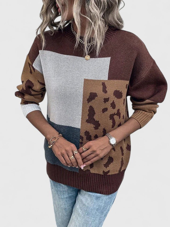 Heather leopard print graphic sweater for women by Christine Brewer, featuring a cozy knit with bold animal print design.