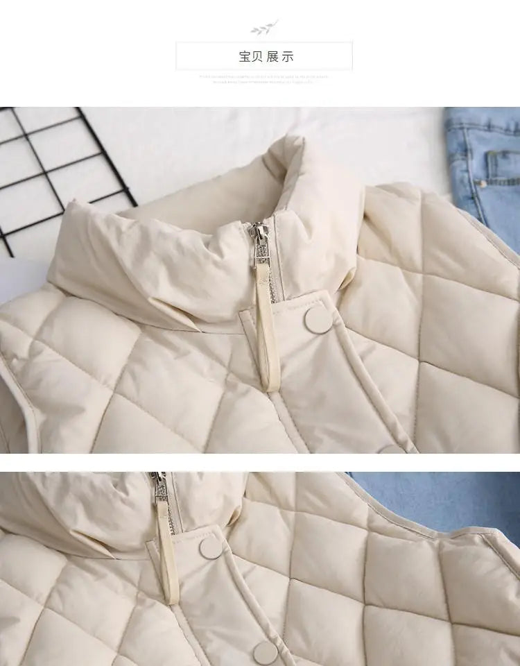 Ruby stand collar puffer vest for women by Christine Brewer, featuring quilted design and lightweight insulation.