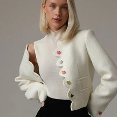 Everleigh cropped button-front women's jacket by Christine Brewer, shown in a stylish, fitted design with front buttons and a casual look.