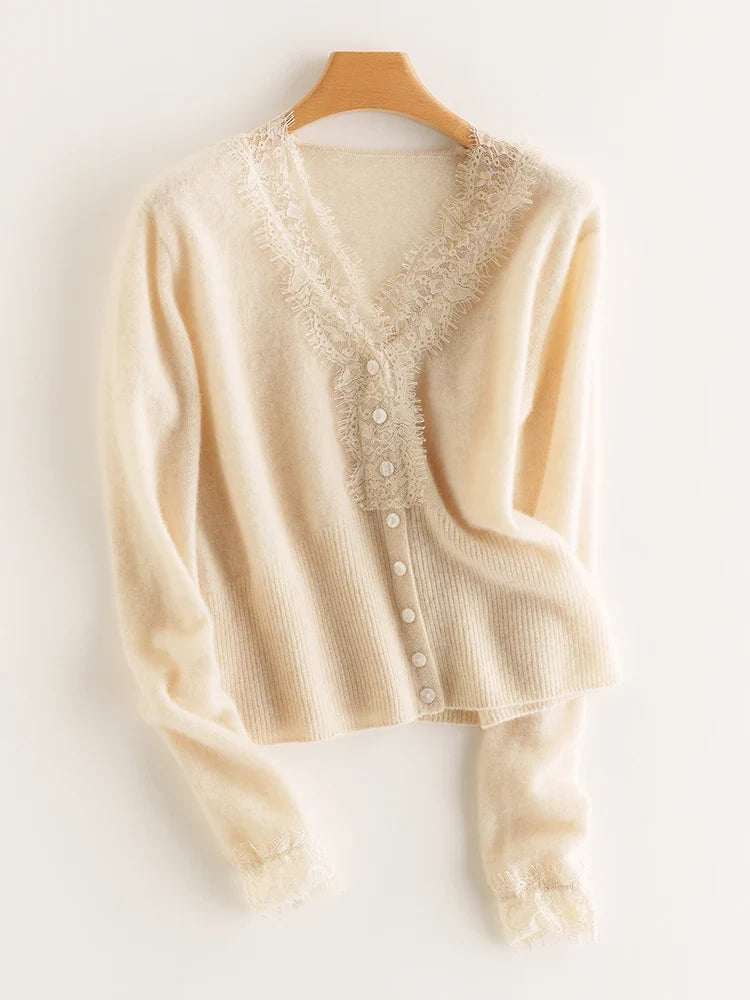 Elsa cashmere cardigan for women by Christine Brewer, soft cream knit with a relaxed fit and button-up front.