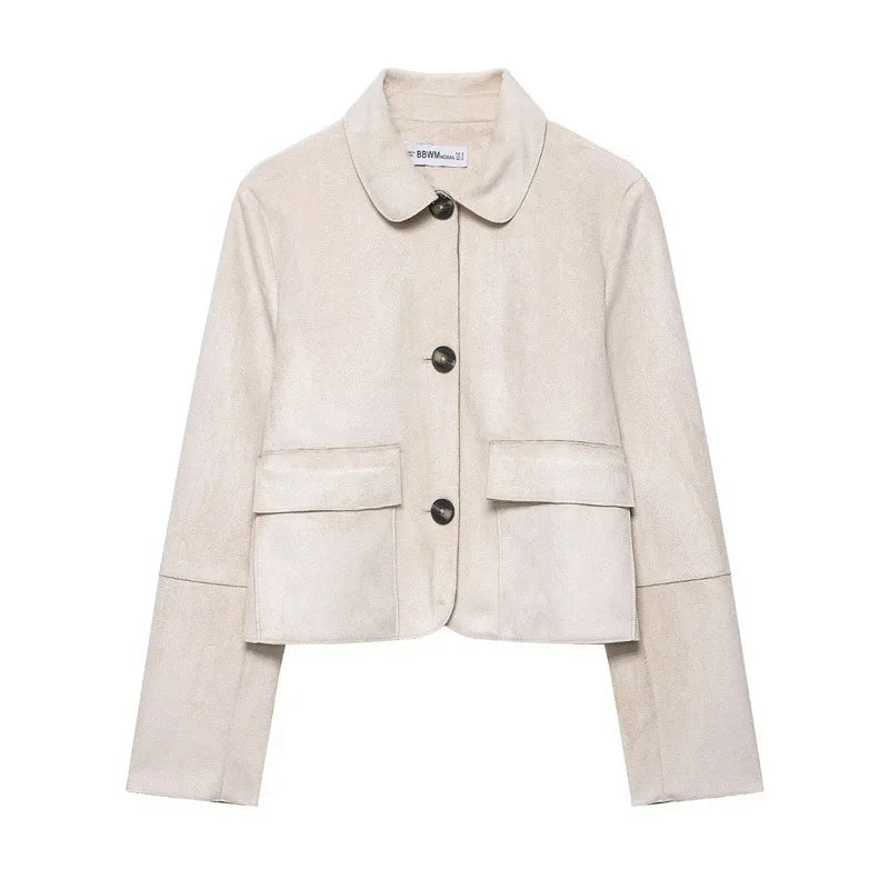 Hazel faux suede cropped jacket for women by Christine Brewer, shown in a stylish, fitted design with a soft suede texture.