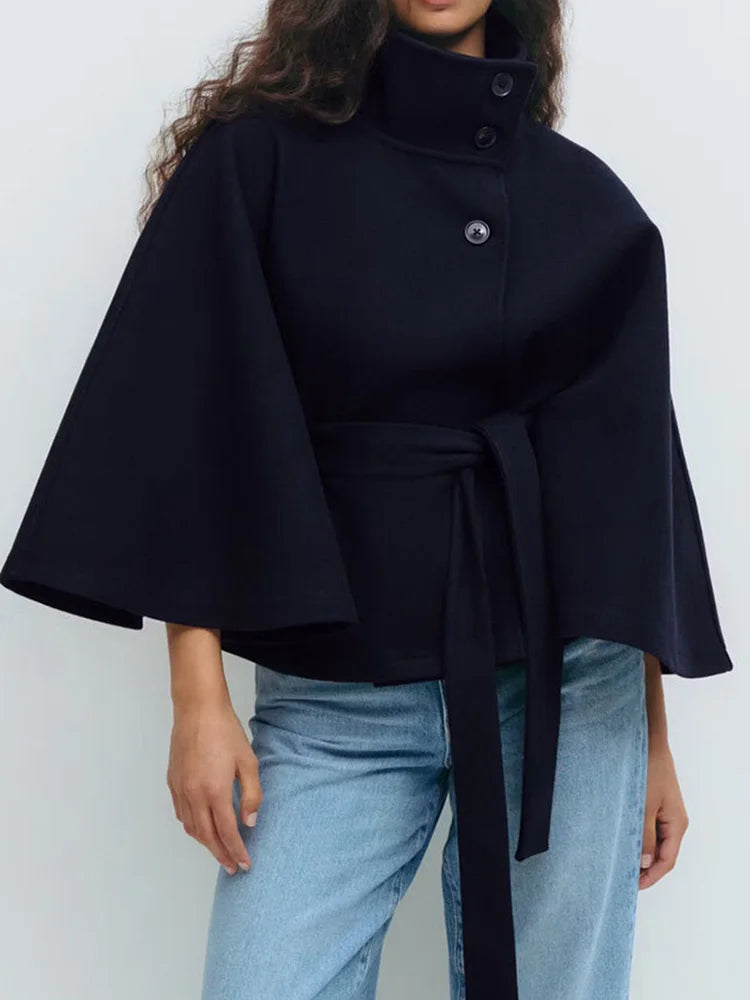 Emma belted cape coat for women by Christine Brewer, stylish outerwear with a flowing design and waist belt, ideal for cold weather.