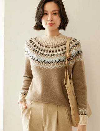 Christine Brewer Jolene cashmere mock neck sweater for women, soft beige knit with a close-fitting collar and long sleeves.