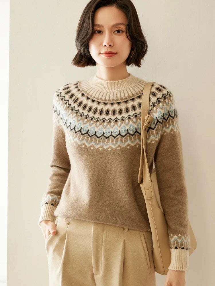 Christine Brewer Jolene cashmere mock neck sweater for women, soft beige knit with a close-fitting collar and long sleeves.