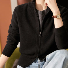 Women's wool zip-up cardigan by Christine Brewer featuring a classic jean-inspired design and a cozy, stylish fit.