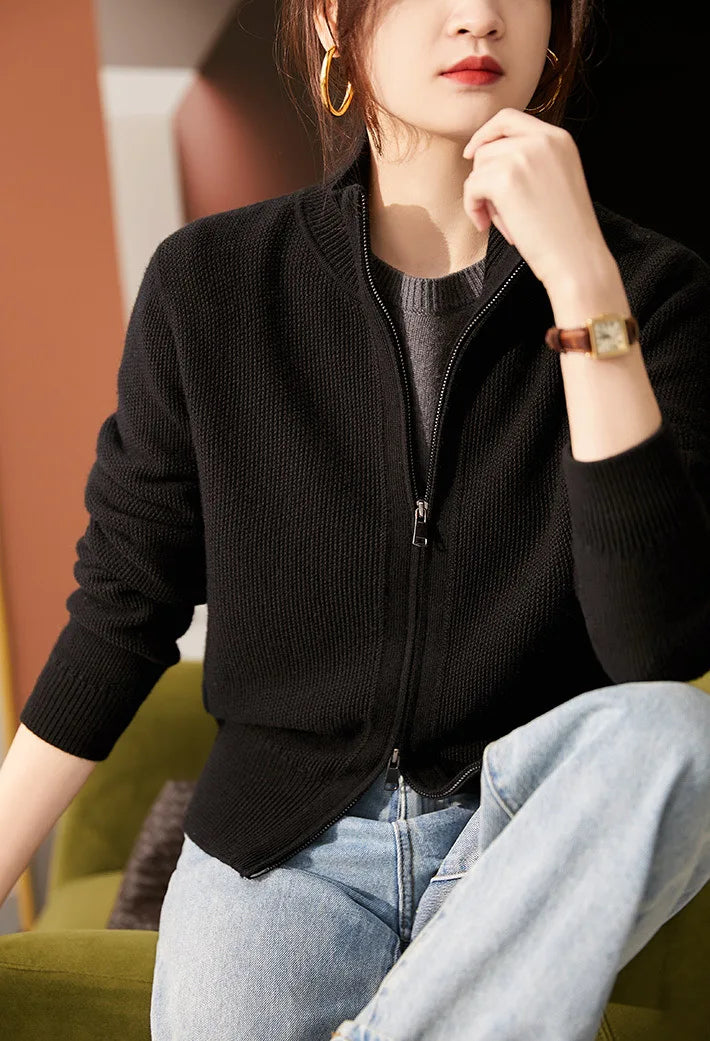 Women's wool zip-up cardigan by Christine Brewer featuring a classic jean-inspired design and a cozy, stylish fit.