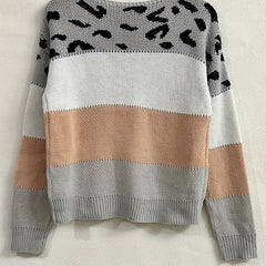 Leopard print graphic sweater for women by Christine Brewer featuring a stylish, cozy knit design in neutral tones.