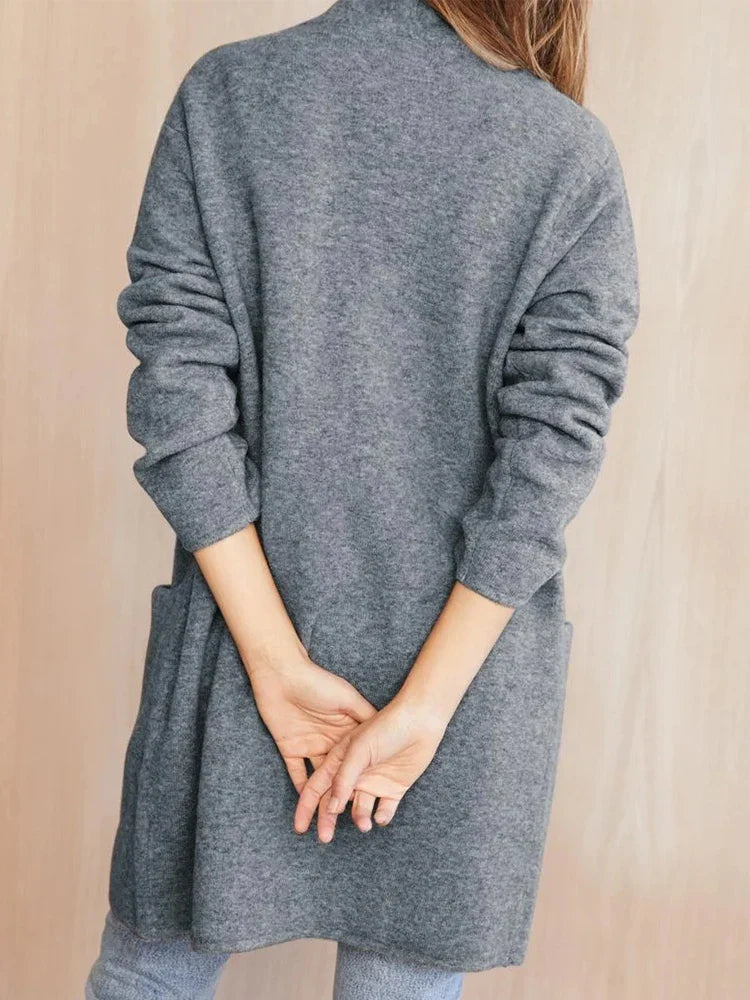 Light gray Jacqueline merino wool cardigan for women by Christine Brewer, featuring a cozy fit and button-front design.
