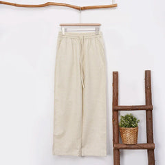 Women’s loose cotton linen wide-leg drawstring trousers by Christine Brewer, featuring a relaxed fit and pull-on design.