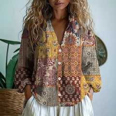 Christine Brewer Amelia graphic blouse for women, stylish tops with vibrant patterns, shown on a model.