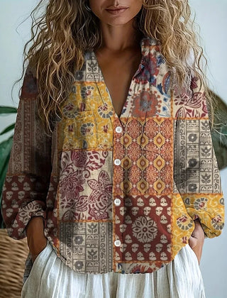 Christine Brewer Amelia graphic blouse for women, stylish tops with vibrant patterns, shown on a model.