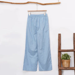 Women’s cotton linen wide leg drawstring trousers by Christine Brewer, loose pull-on pants with relaxed fit and comfortable style.