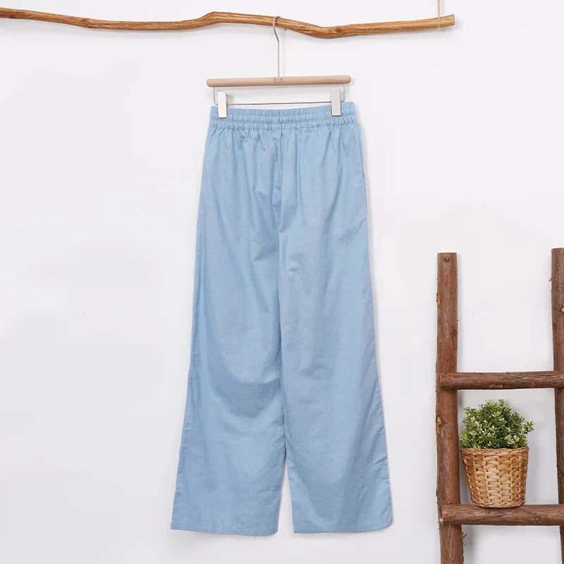 Women’s cotton linen wide leg drawstring trousers by Christine Brewer, loose pull-on pants with relaxed fit and comfortable style.