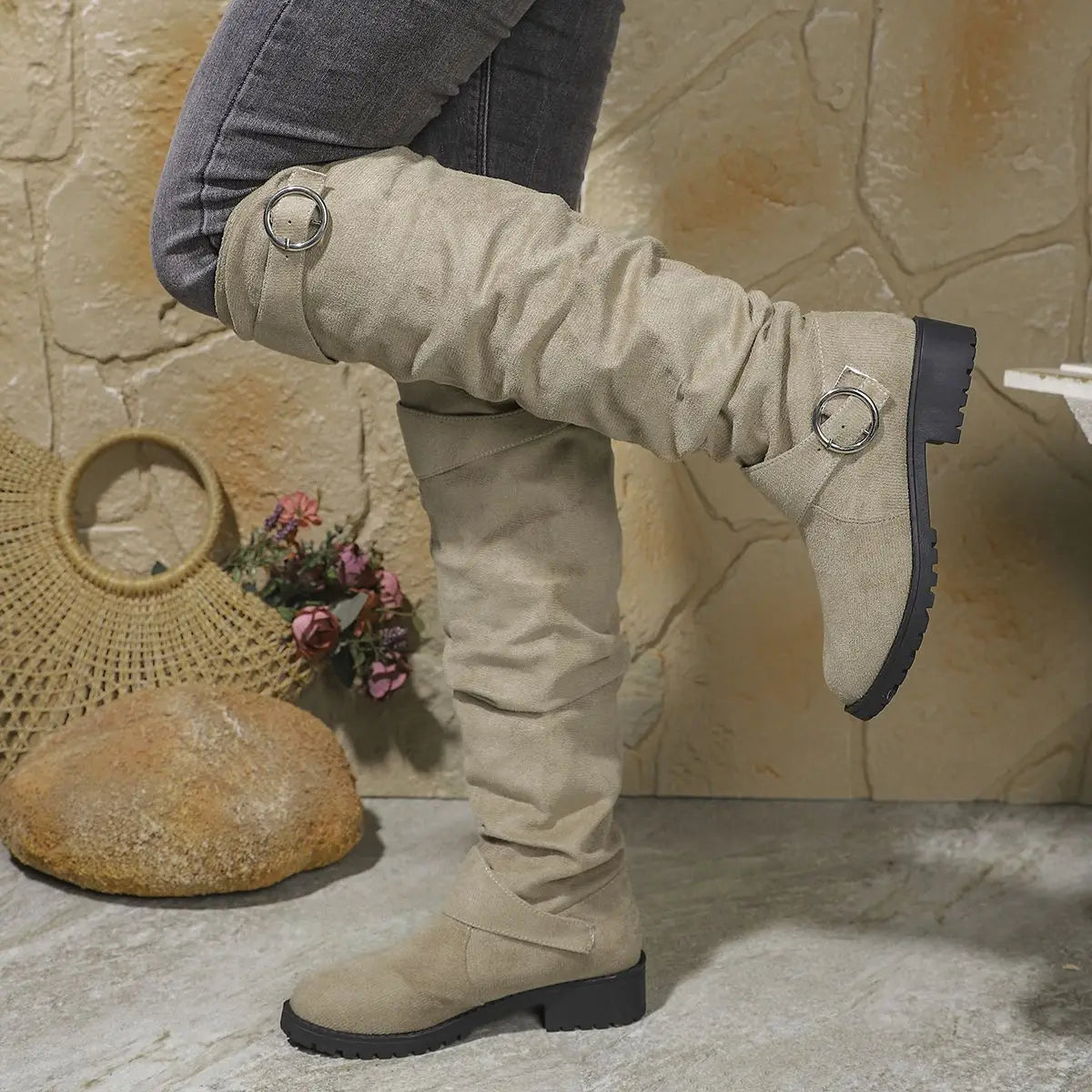 Alicia | Knee High Boots Tall Boots Riding Boots Women Winter Fall Slouchy Buckle Block