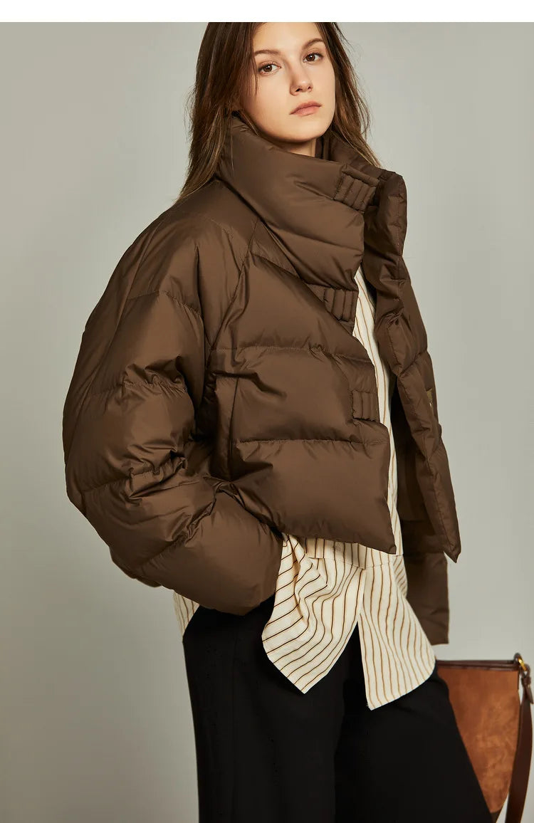 Hannah cropped quilted women's parka by Christine Brewer, shown in a stylish, fitted design with a high collar and quilted pattern.