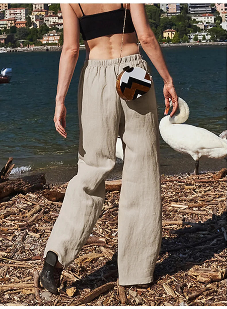Women’s knit wide-leg drawstring trousers by Christine Brewer, loose pull-on pants with a relaxed fit and comfortable waistband.