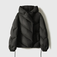 Grace cropped hooded puffer jacket for women by Christine Brewer, featuring a stylish quilted design and hooded silhouette.