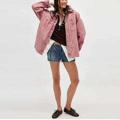 Christine Brewer Charlotte oversized denim shirt jacket for women, showing the relaxed fit, classic blue denim fabric, and button details.