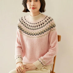 Cream-colored Jolene cashmere mock neck sweater for women by Christine Brewer, shown on a model with a cozy, stylish fit.