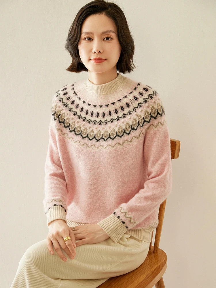 Cream-colored Jolene cashmere mock neck sweater for women by Christine Brewer, shown on a model with a cozy, stylish fit.