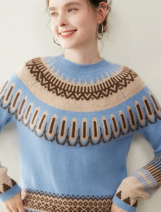 Christine Brewer Emory cashmere crew neck sweater for women, soft beige knit with ribbed collar and cuffs.