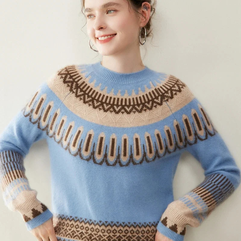 Christine Brewer Emory cashmere crew neck sweater for women, soft beige knit with ribbed collar and cuffs.