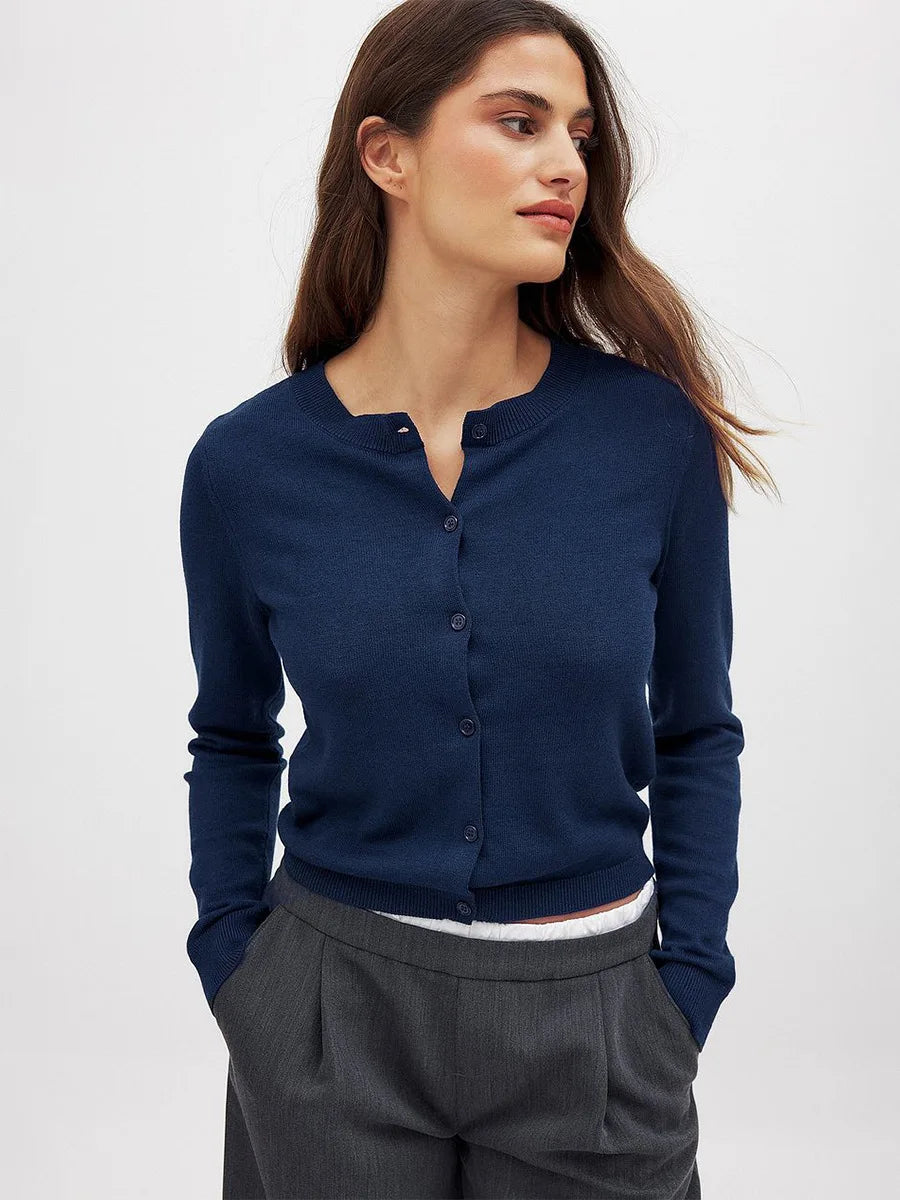 Finley knit cardigan for women by Christine Brewer, featuring a cozy, button-up design in soft, warm fabric.