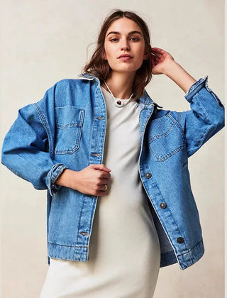 Charlotte oversized denim shirt jacket for women by Christine Brewer, featuring classic blue denim and relaxed fit.