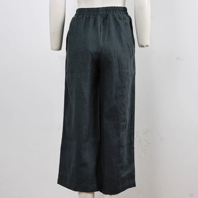 Linen cropped wide-leg drawstring trousers for women by Christine Brewer, loose pull-on style, lightweight and comfortable.