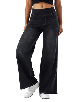 Women’s lace wide-leg high waist pull-on trousers by Christine Brewer, showcasing elegant, flowing fabric and tailored fit.