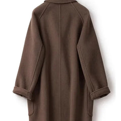 Brown double-breasted wool coat for women by Christine Brewer, featuring classic tailored design and stylish lapels.