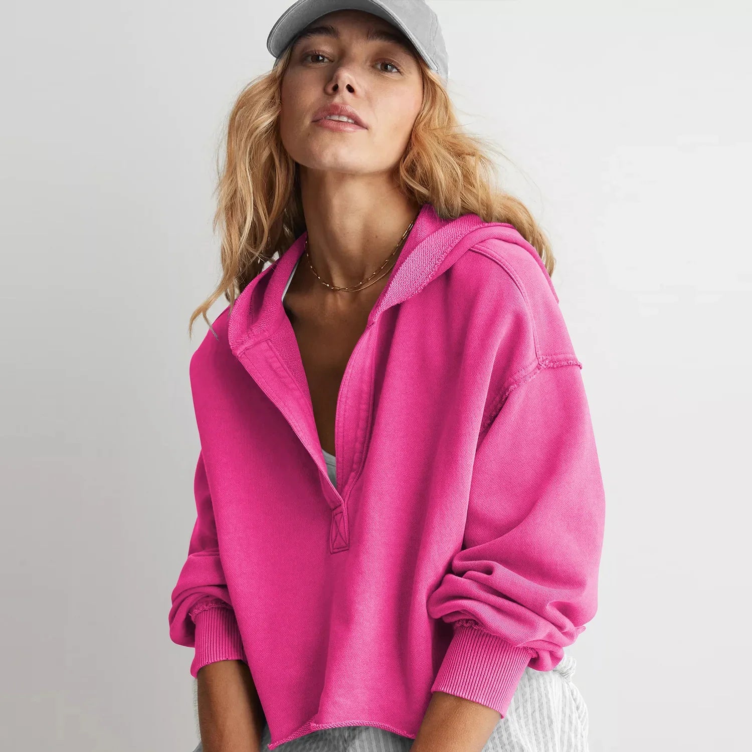 Light gray Eleanor cropped hoodie for women by Christine Brewer, featuring a relaxed fit and soft fabric.