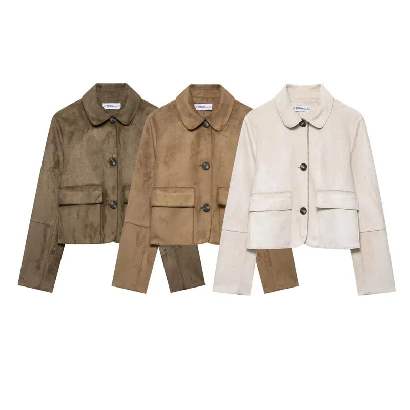 Hazel faux suede cropped jacket for women by Christine Brewer, featuring a stylish short design and soft textured fabric.