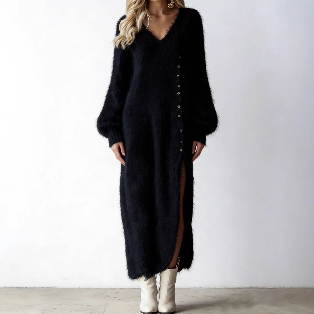 Brielle | Sweater Dress Knit Dress Women V-Neck Winter Warm Holiday Christmas Loungewear Button Front