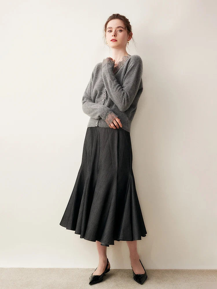 Elsa cashmere cardigan for women by Christine Brewer, soft beige knit with long sleeves and V-neck, cozy and stylish.