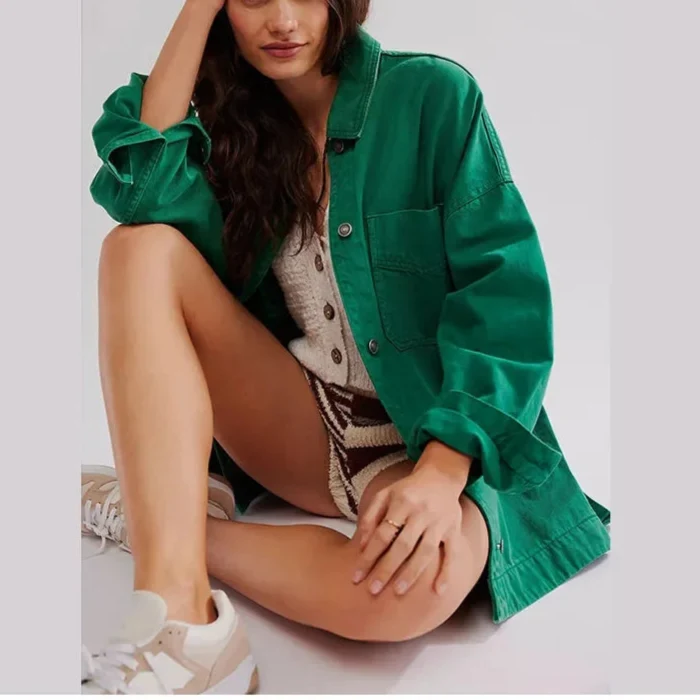 Oversized Charlotte denim shirt jacket for women by Christine Brewer, featuring a classic blue denim design and relaxed fit.