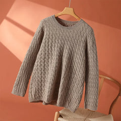 Women’s Juliana crew neck sweater by Christine Brewer, soft knit fabric, in a cozy fit, shown in a neutral color.