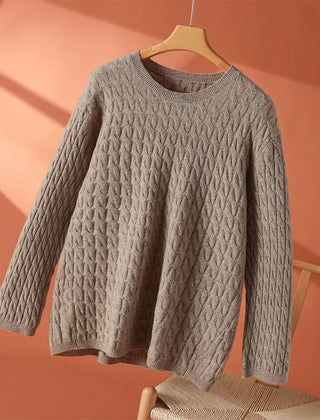 Women’s Juliana crew neck sweater by Christine Brewer, soft knit fabric, in a cozy fit, shown in a neutral color.