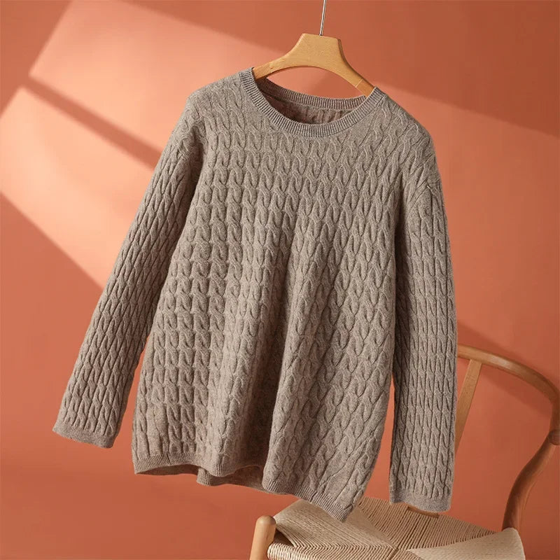 Women’s Juliana crew neck sweater by Christine Brewer, soft knit fabric, in a cozy fit, shown in a neutral color.